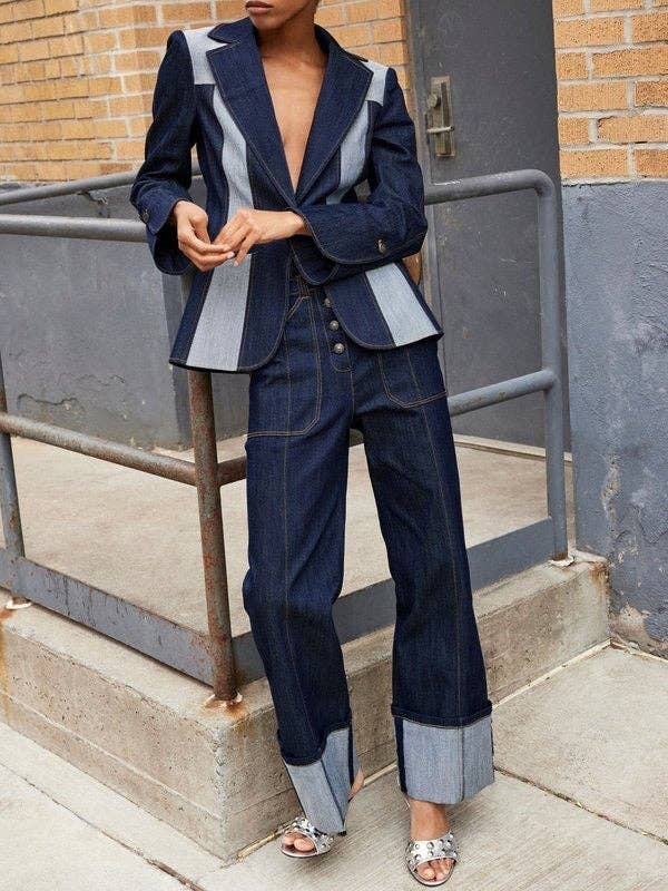 High Waist Straight Contrast Split Jean Pants