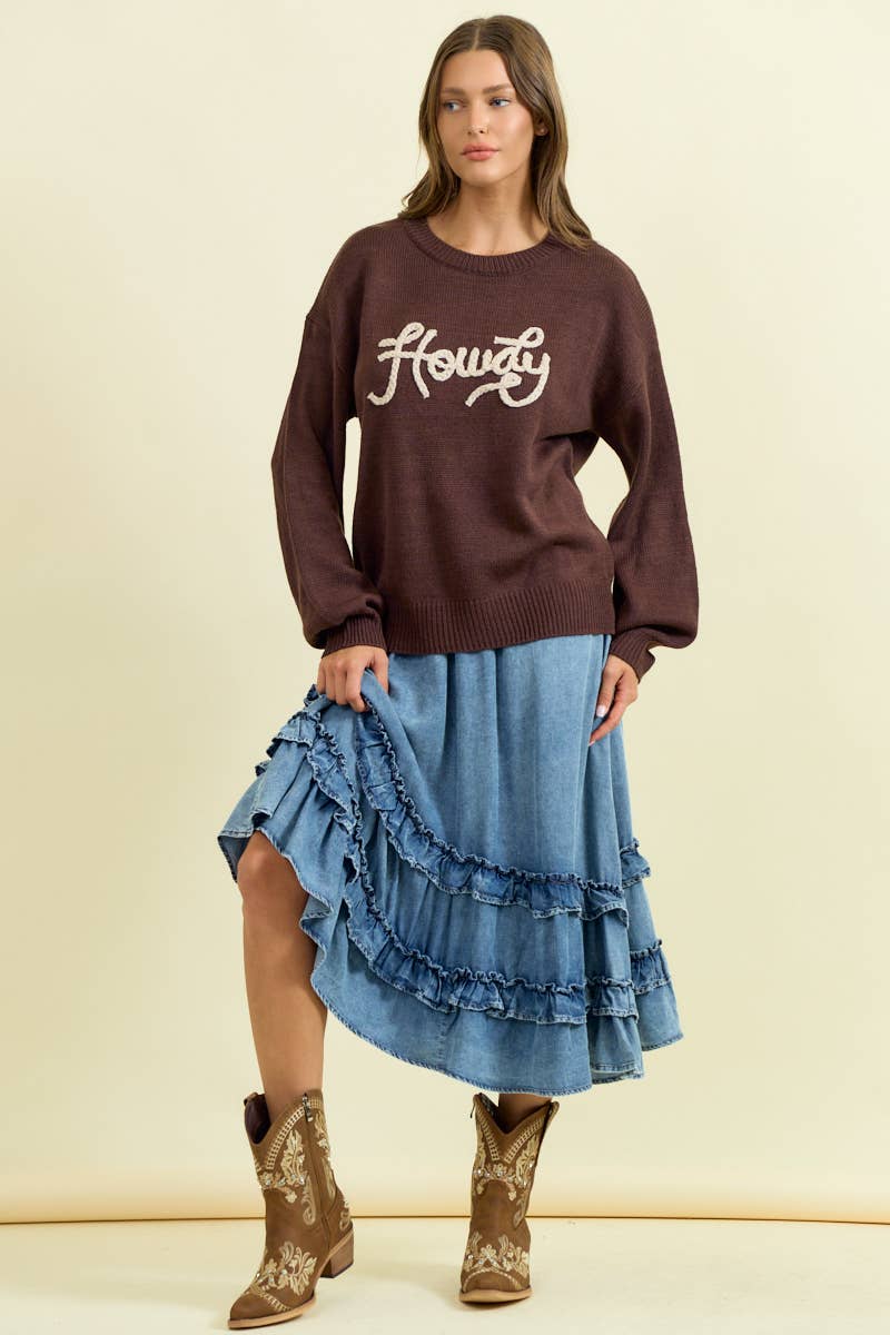 HOWDY' EMBROIDERED ROUND NECK OVERSIZED SWEATER