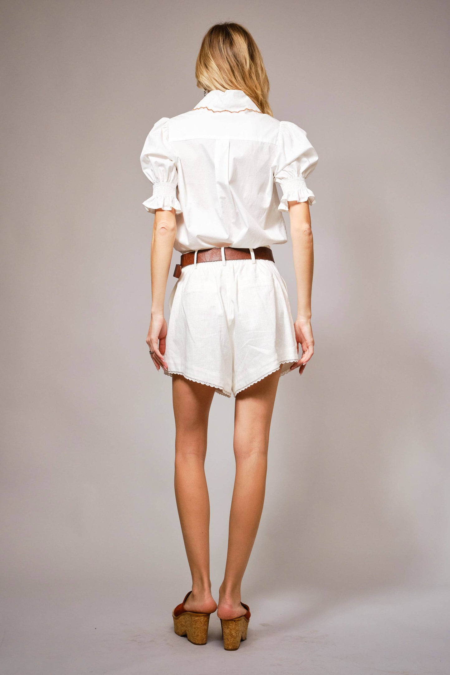 - Embroidered Scallop Collar Puff Sleeve Top