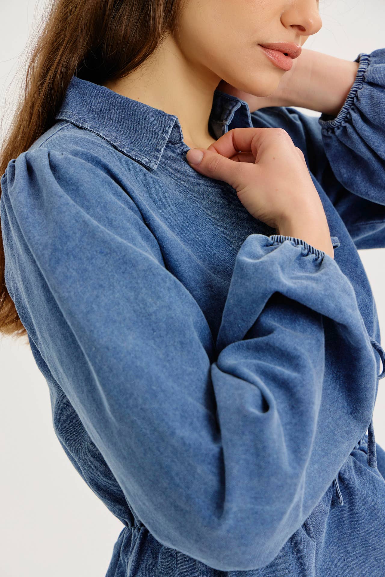DENIM WASHED TO PERFECTION DROP-WAIST BLOUSE WITH BOW TIES