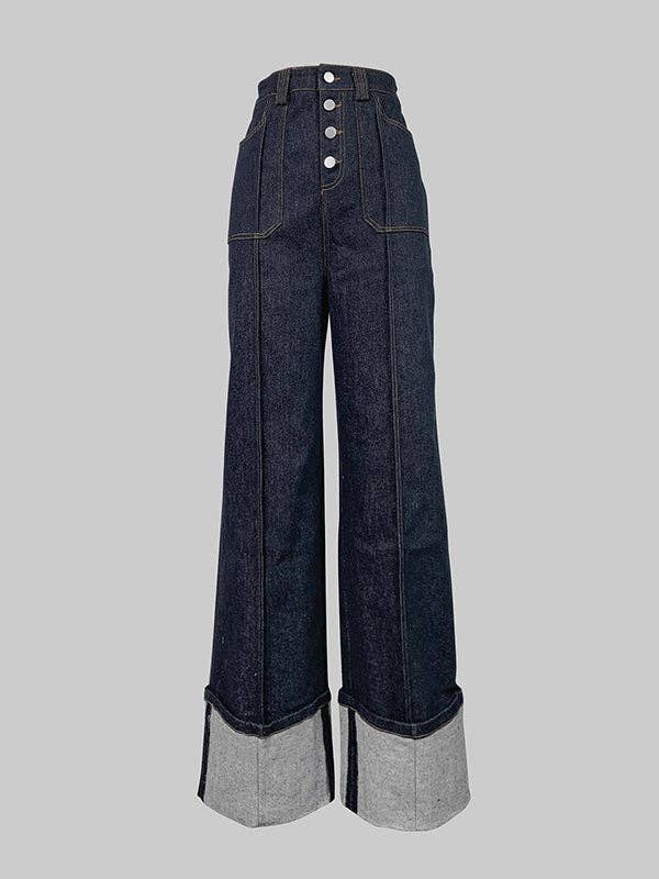 High Waist Straight Contrast Split Jean Pants