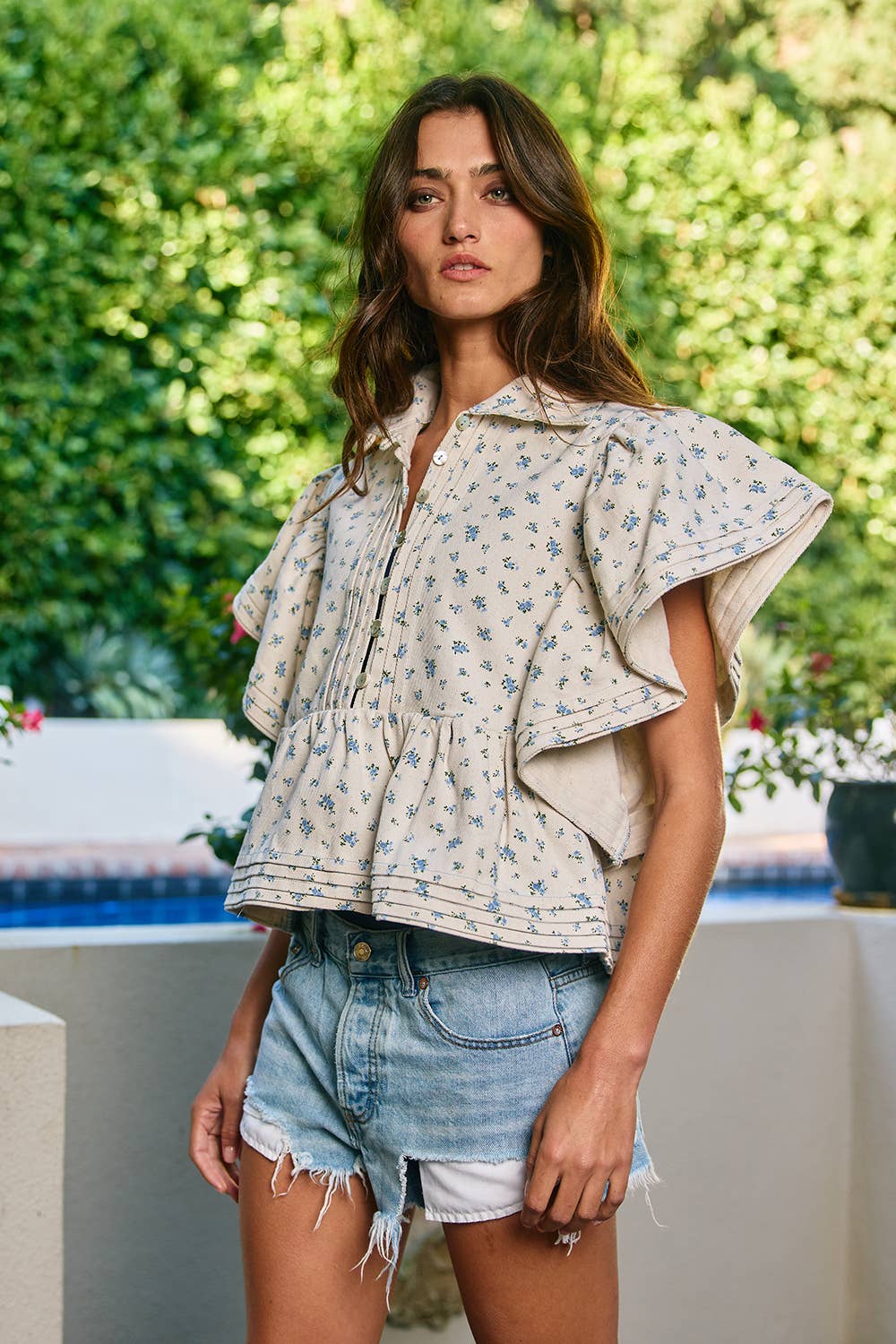 IT2337F Ruffle Sleeves Pintuck Detail Floral Print top