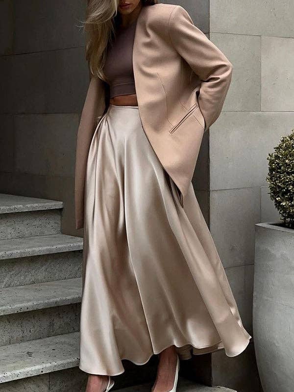 A-Line High Waisted Elasticity Pleated Solid Color Skirts