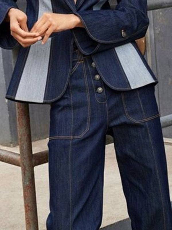 High Waist Straight Contrast Split Jean Pants