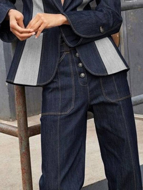 High Waist Straight Contrast Split Jean Pants