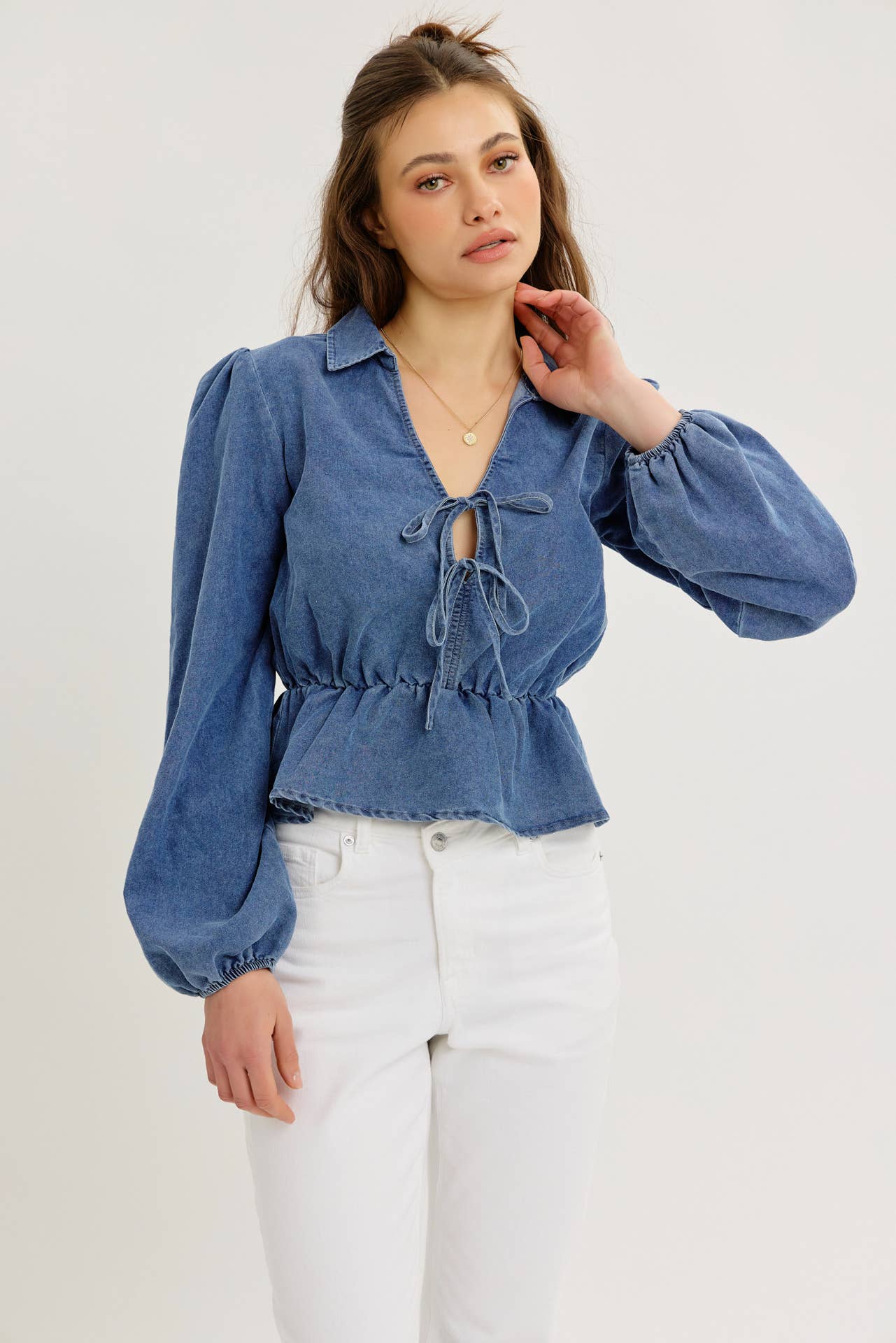 DENIM WASHED TO PERFECTION DROP-WAIST BLOUSE WITH BOW TIES