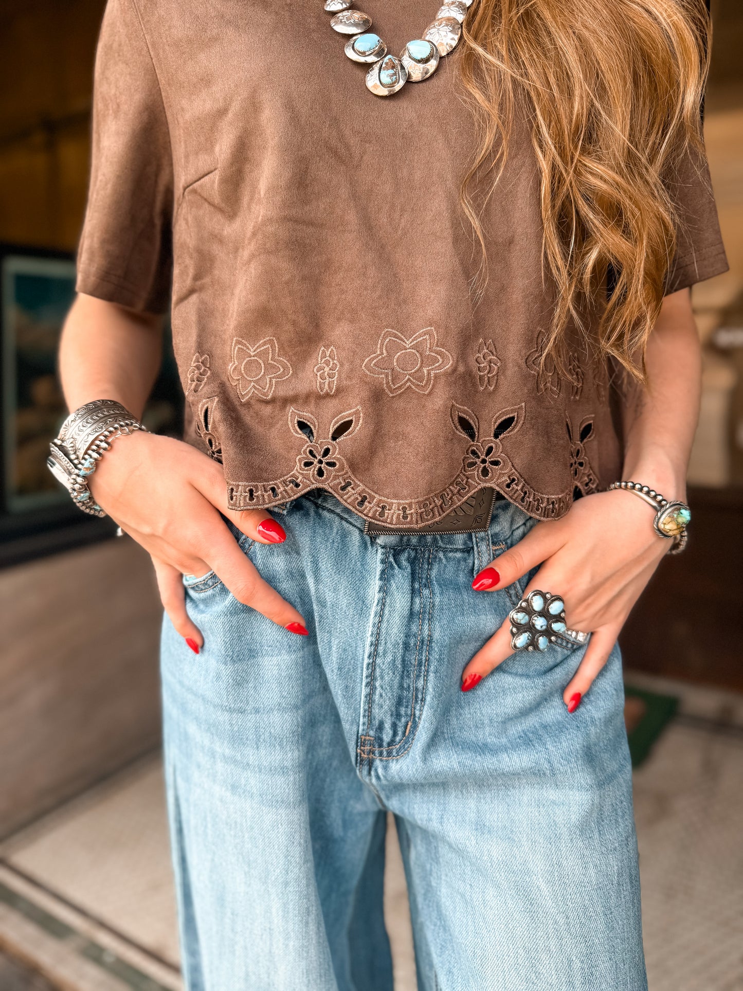 Brown Suede Scalloped Edge Top