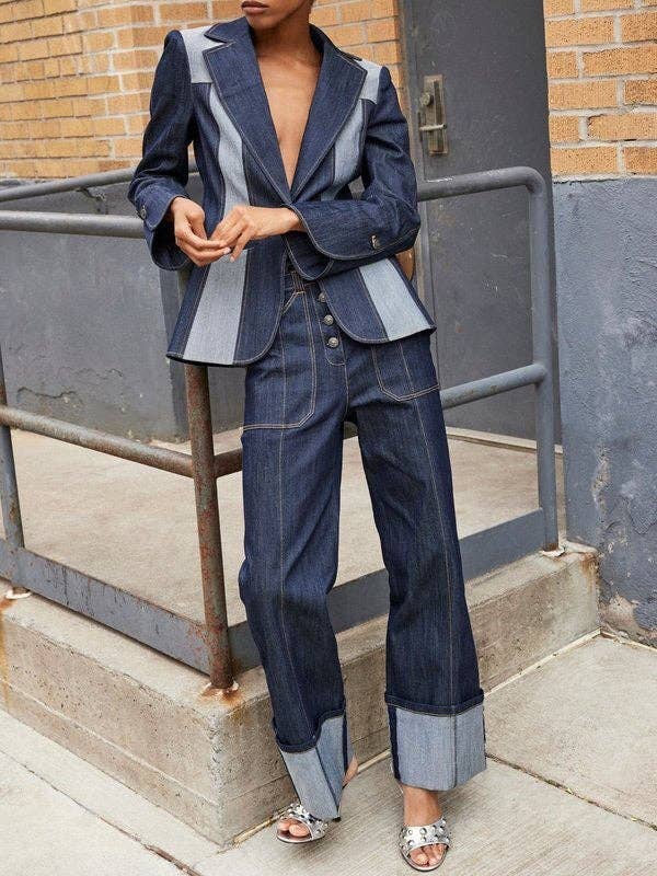 High Waist Straight Contrast Split Jean Pants