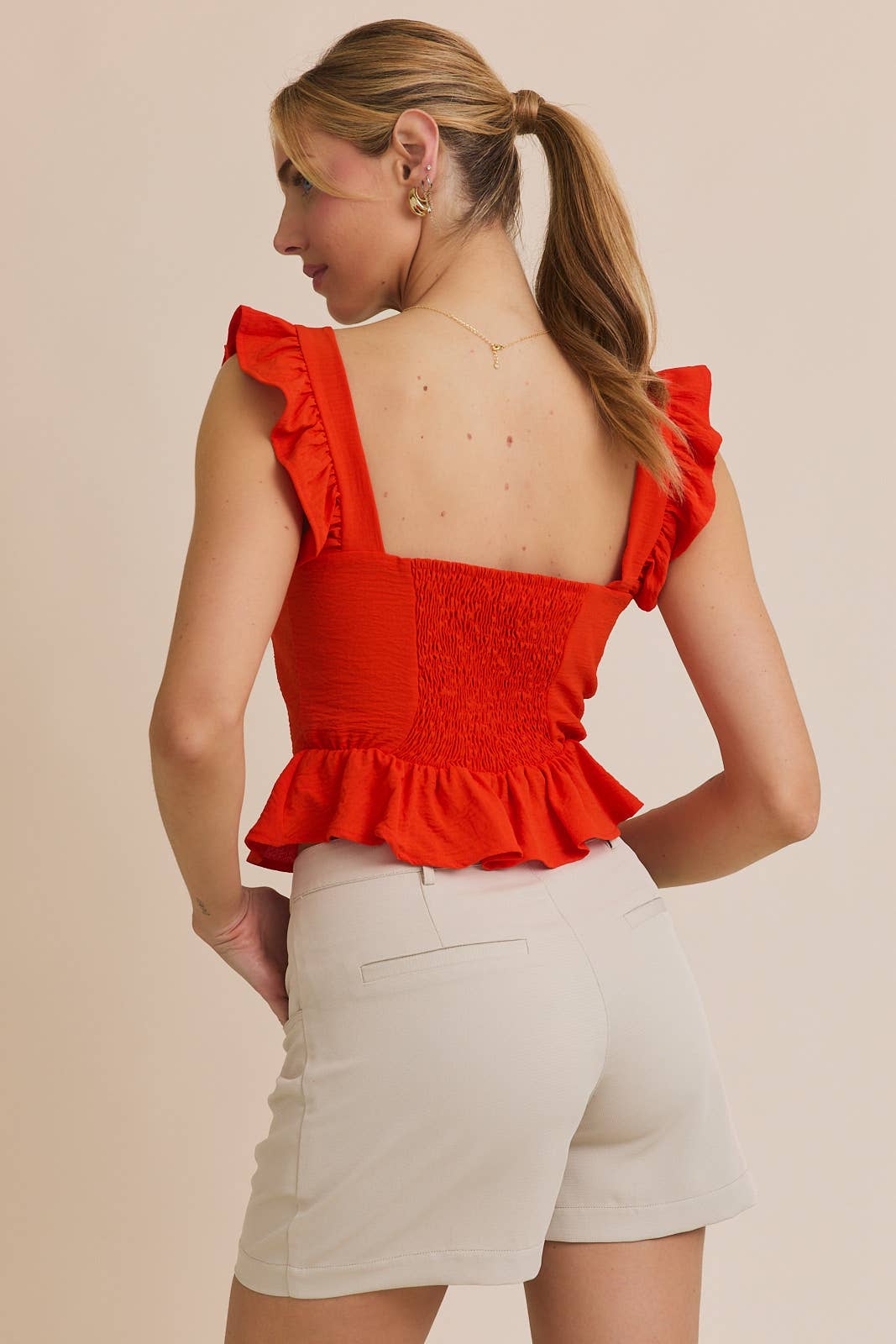 SWEETHEART NECK FRONT TIE RUFFLE SLEEVE TOP
