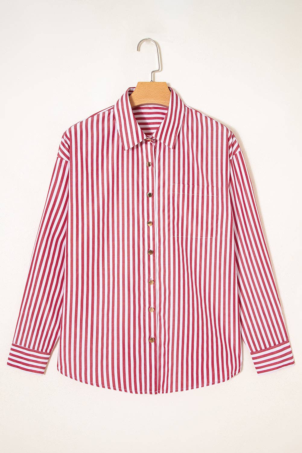 Red Stripe Patched Pocket Side Slit Loose Shirt