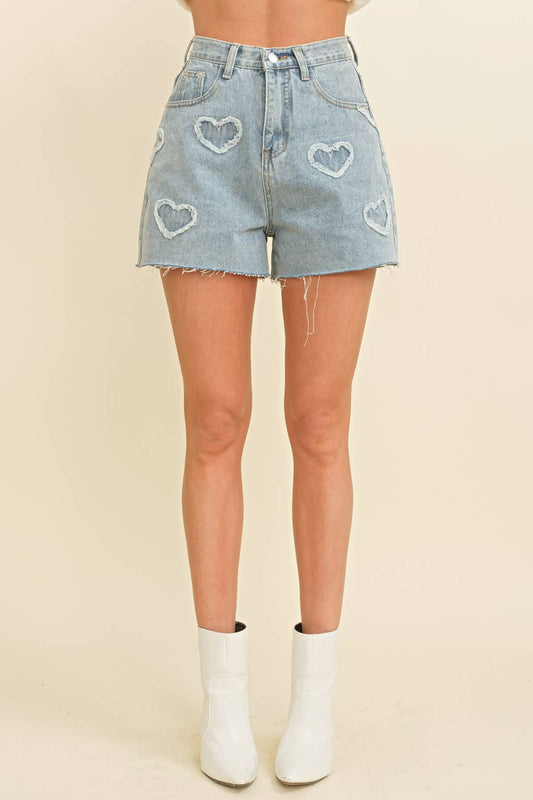 - HEART EMBROIDERED FRAYED DENIM SHORTS