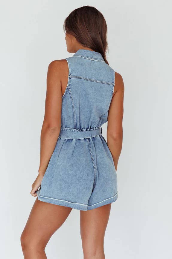 COLLARED WASH DENIM ROMPER / 27694BR07