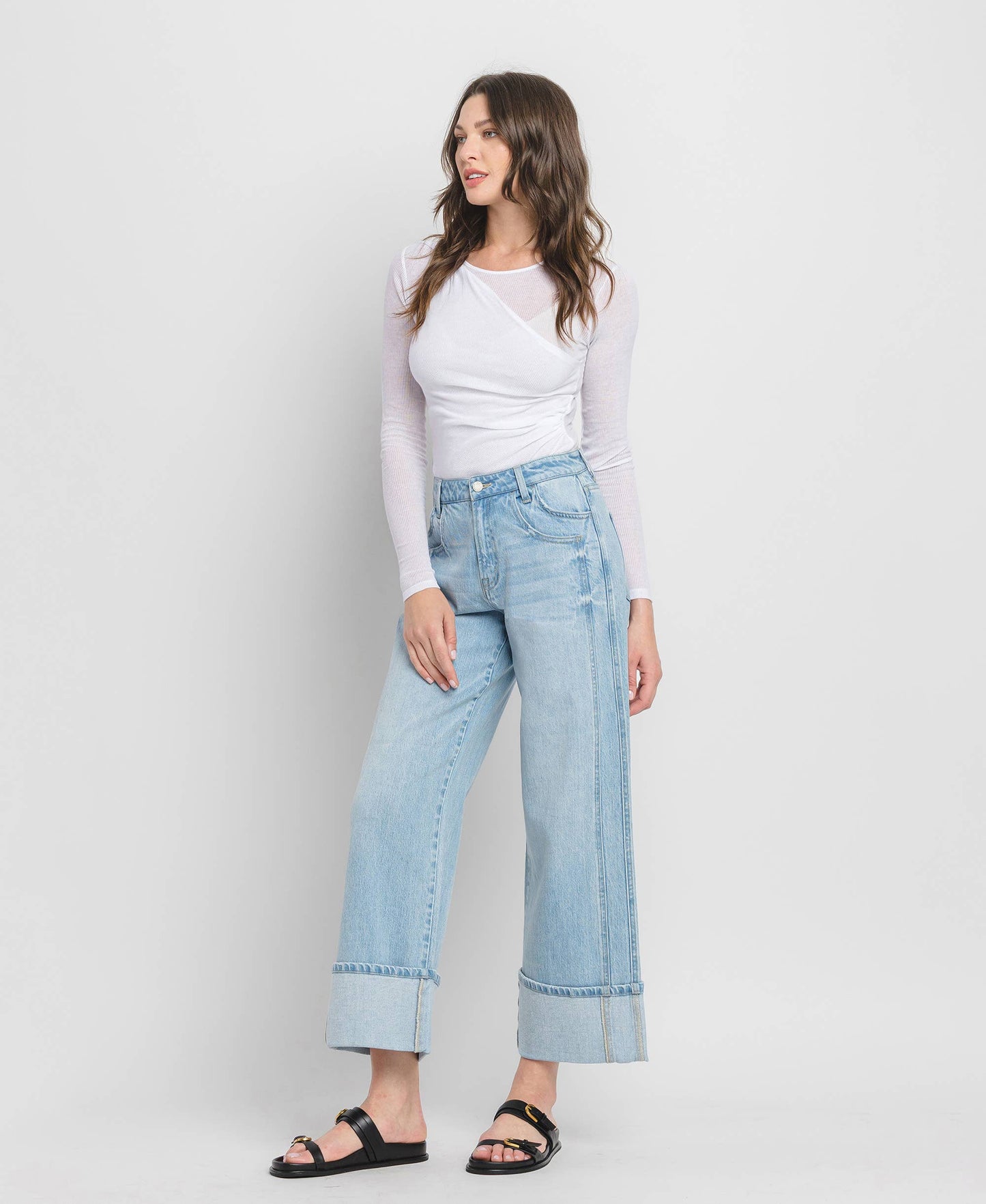 SUPER HIGH RISE CUFFED BAGGY WIDE JEANS