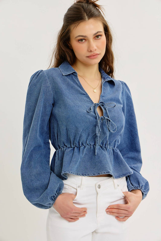 DENIM WASHED TO PERFECTION DROP-WAIST BLOUSE WITH BOW TIES