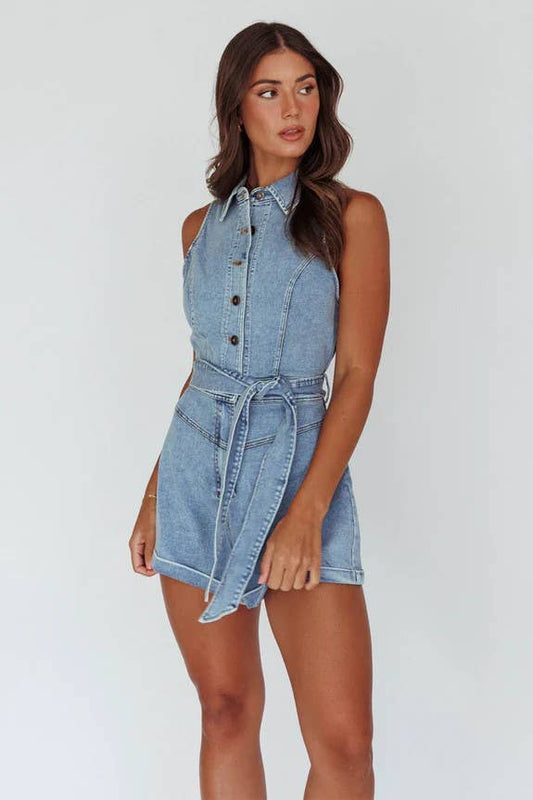 COLLARED WASH DENIM ROMPER / 27694BR07