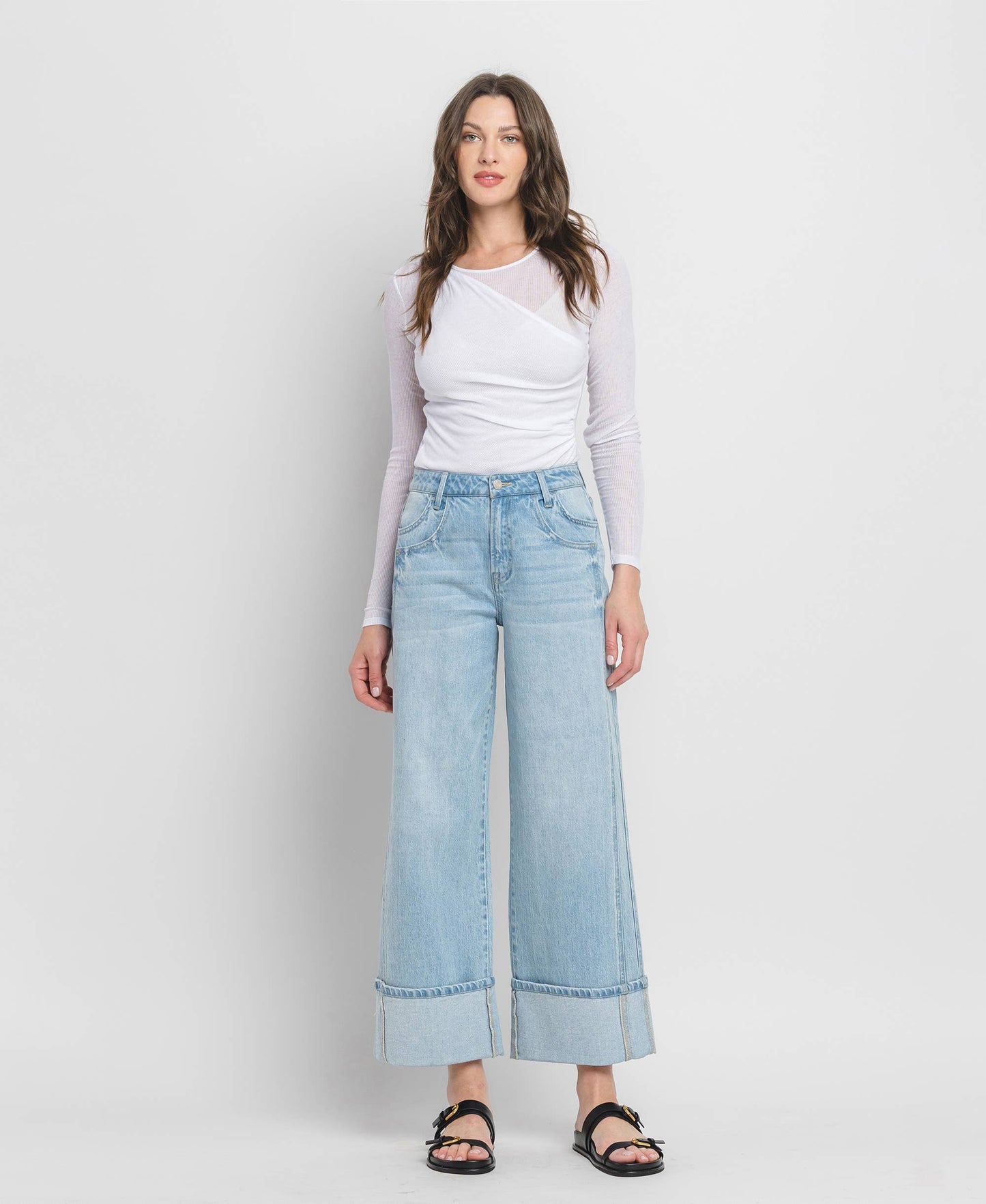 SUPER HIGH RISE CUFFED BAGGY WIDE JEANS