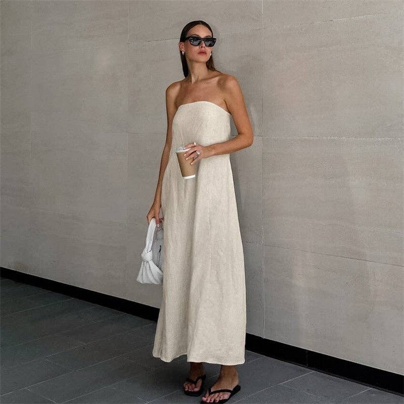 Solid Color Strapless Backless Maxi Dress
