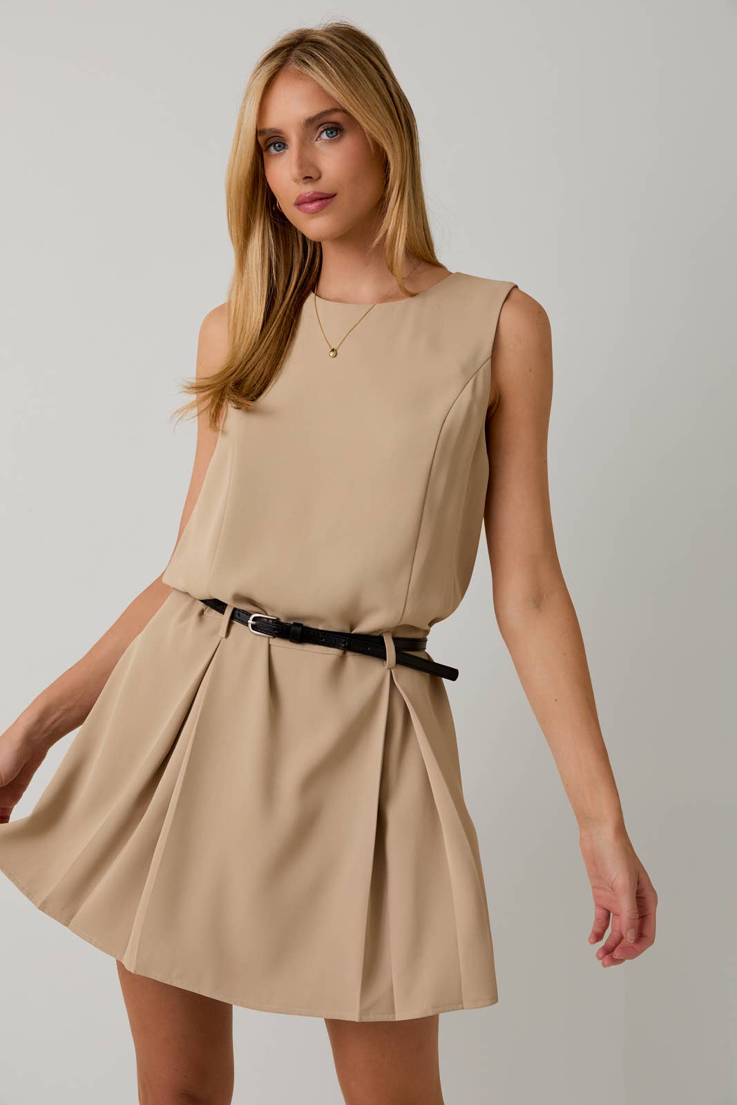 ROUND NECK SLEEVELESS DROP WAIST DRESS WITH BELT