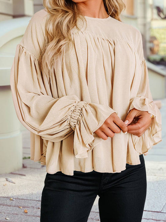 Pleated Ruffle Long Sleeve Chiffon Blouse