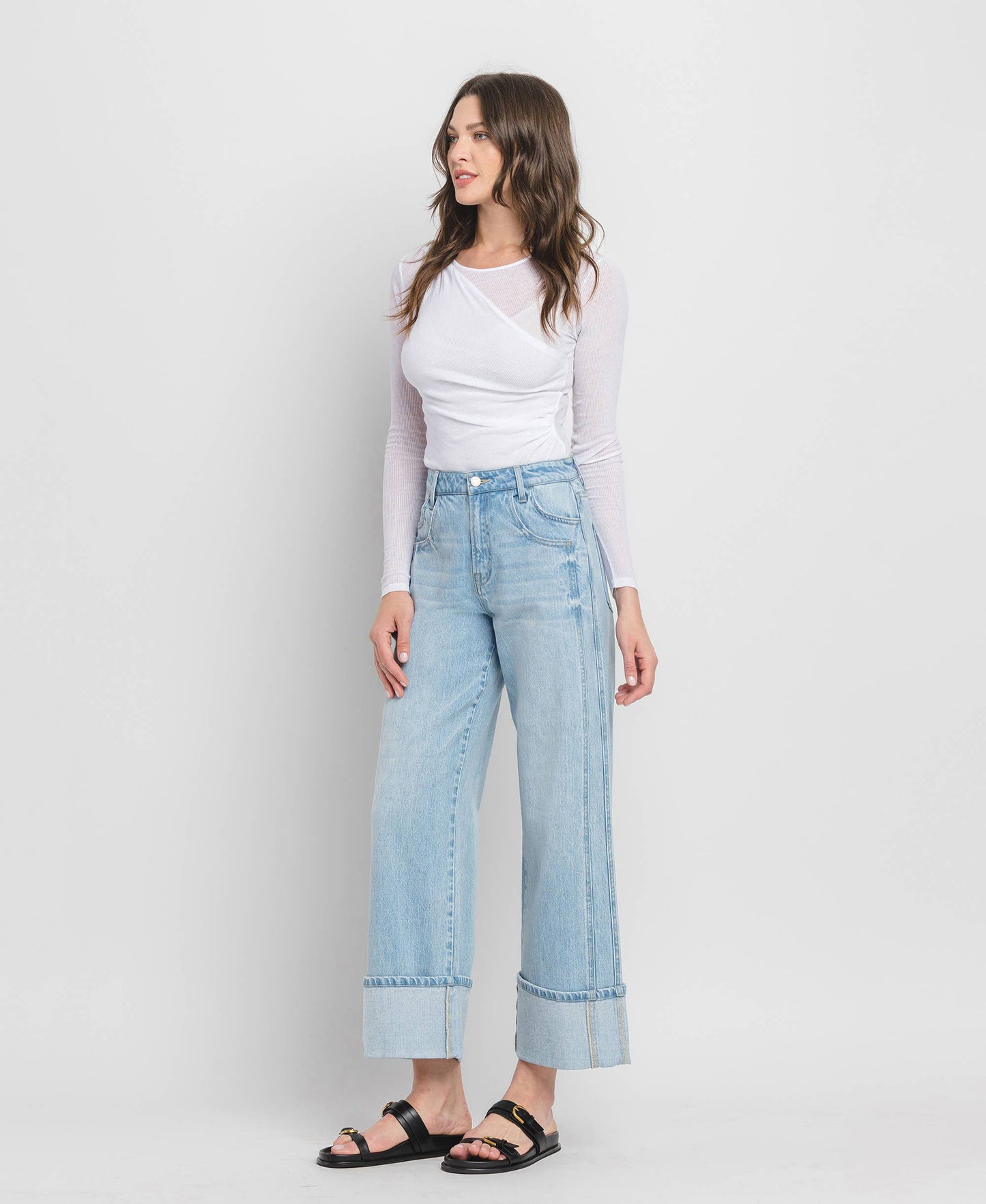 SUPER HIGH RISE CUFFED BAGGY WIDE JEANS