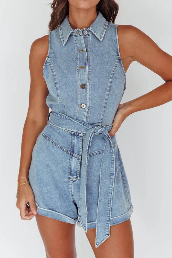 COLLARED WASH DENIM ROMPER / 27694BR07