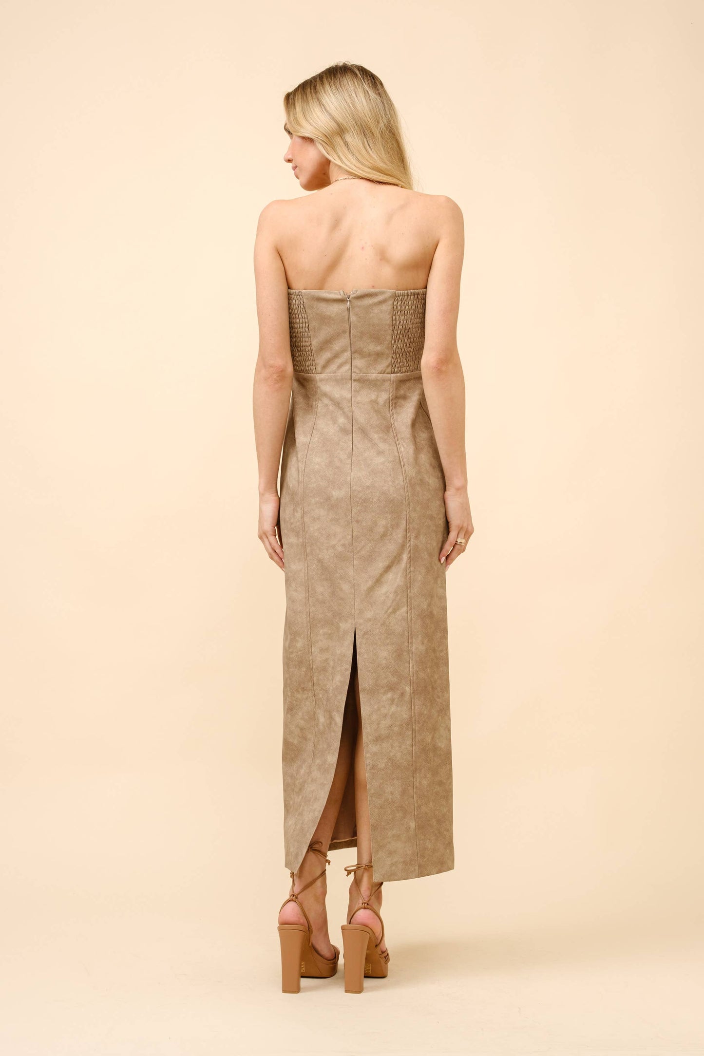 Washed PU Tube Fitted Midi Dress