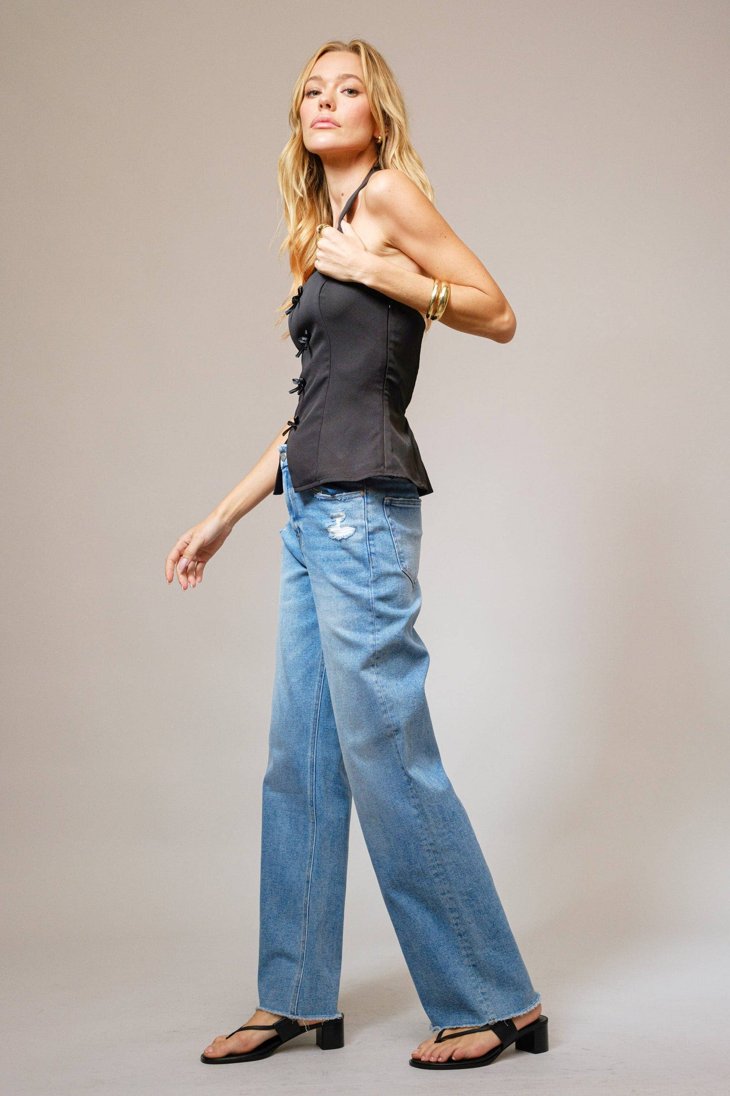 Solid Woven Halter Bow Detail Top