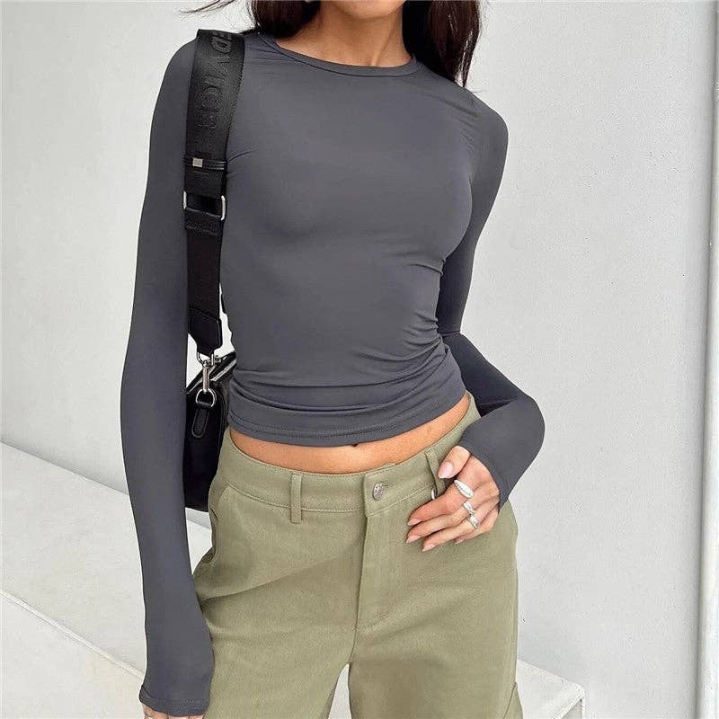 Solid Color Casual Long Sleeved Slim Fit T-Shirt
