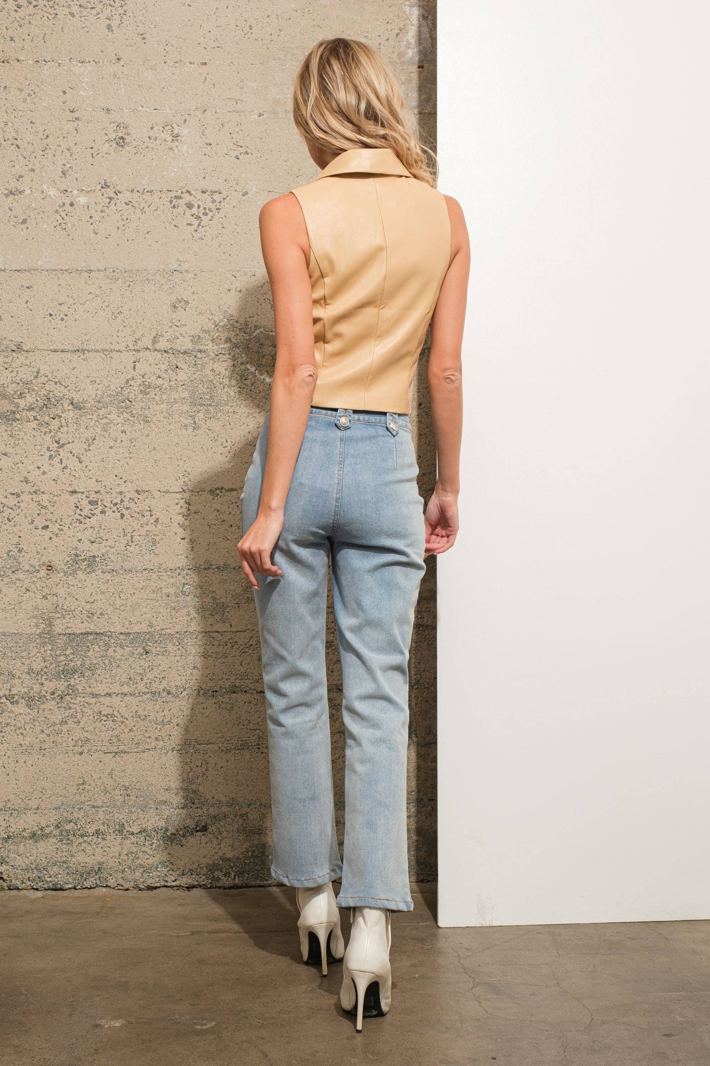 Faux Leather Notch Collared Crop Shirt Vest