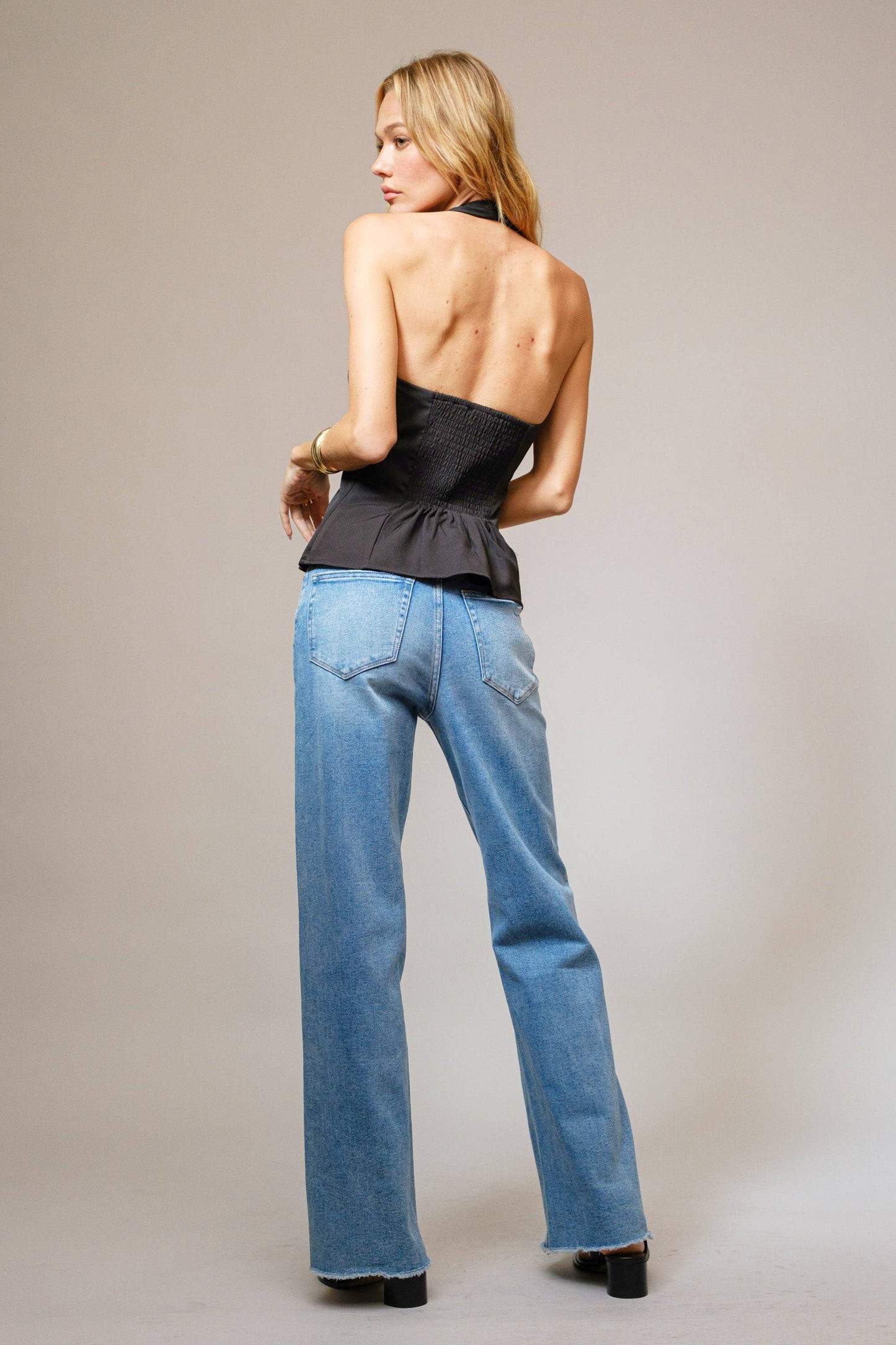 Solid Woven Halter Bow Detail Top