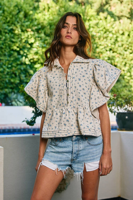 IT2337F Ruffle Sleeves Pintuck Detail Floral Print top