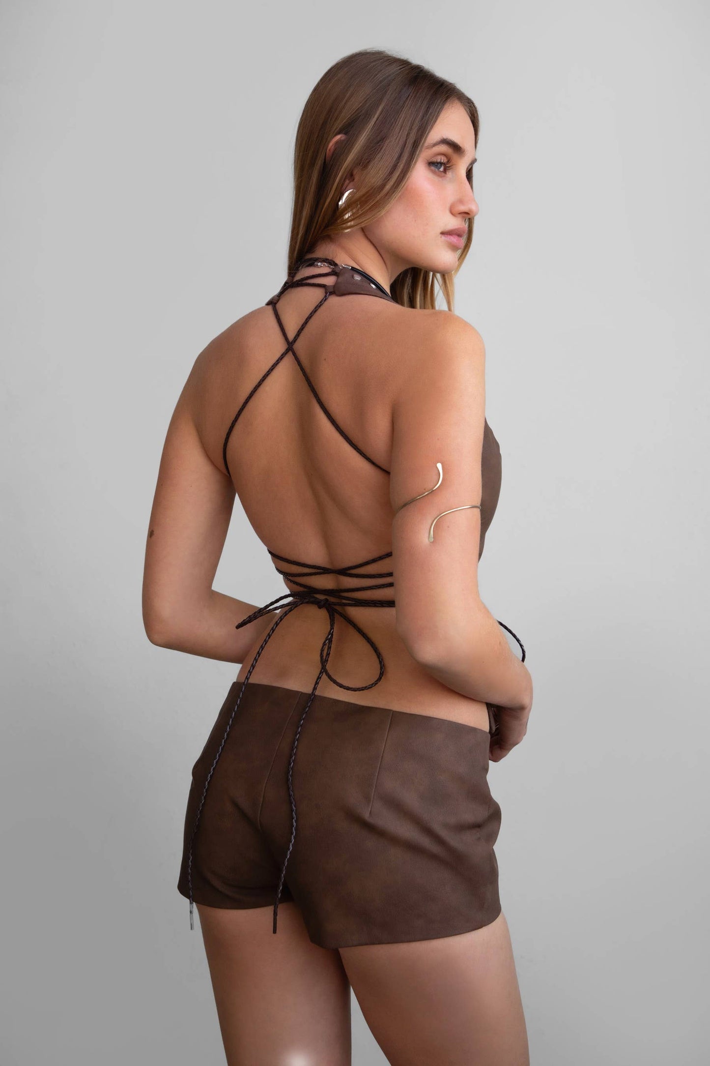 LYLA Adjustable Distressed Leather Studded Halter Top