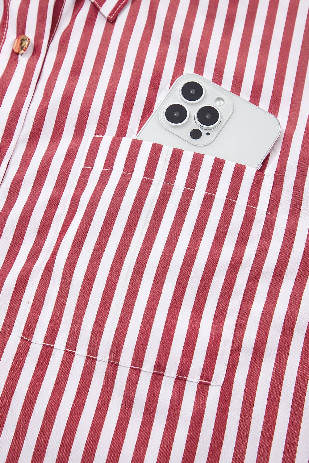 Red Stripe Patched Pocket Side Slit Loose Shirt