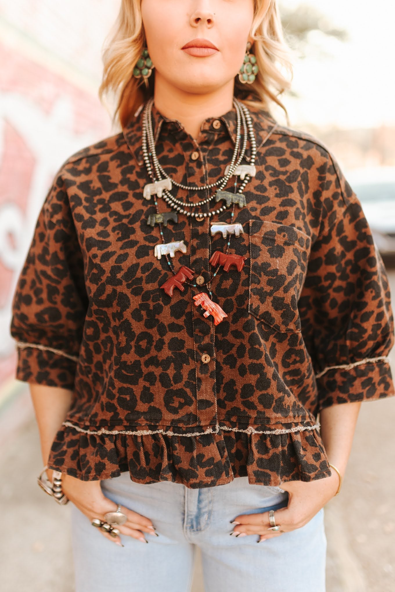 Leopard Print Ruffle Hemline Shirt Top