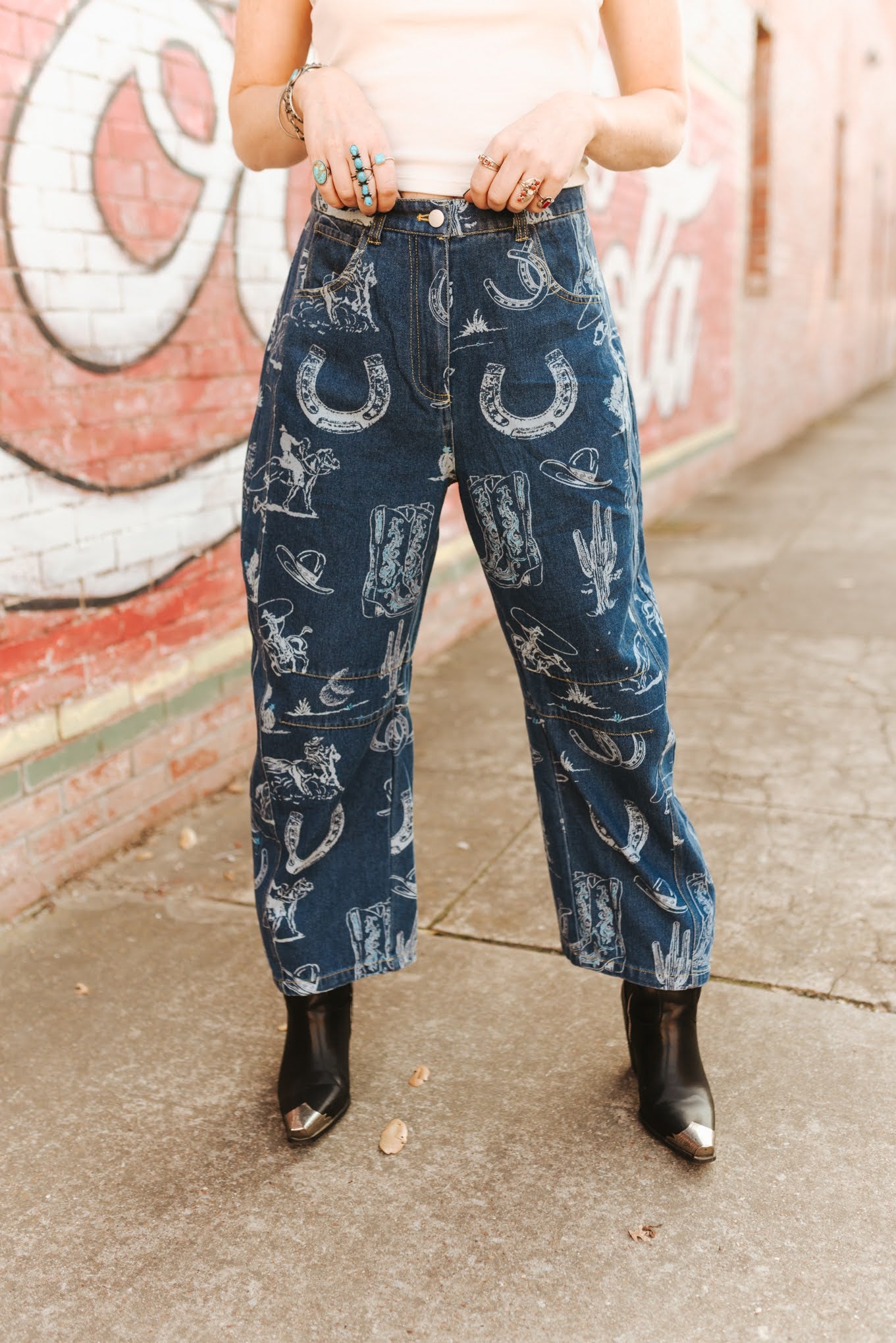 Garment Washed Western Barrel Jeans