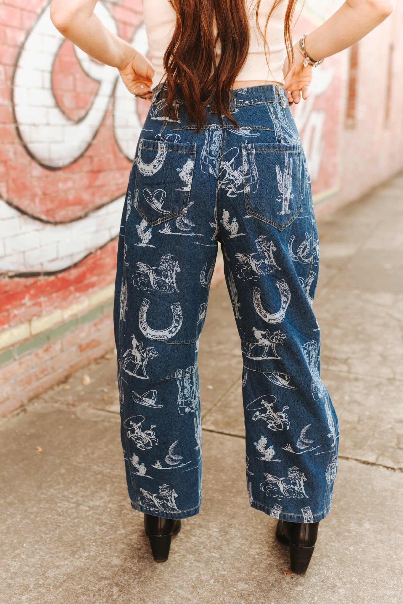 Garment Washed Western Barrel Jeans