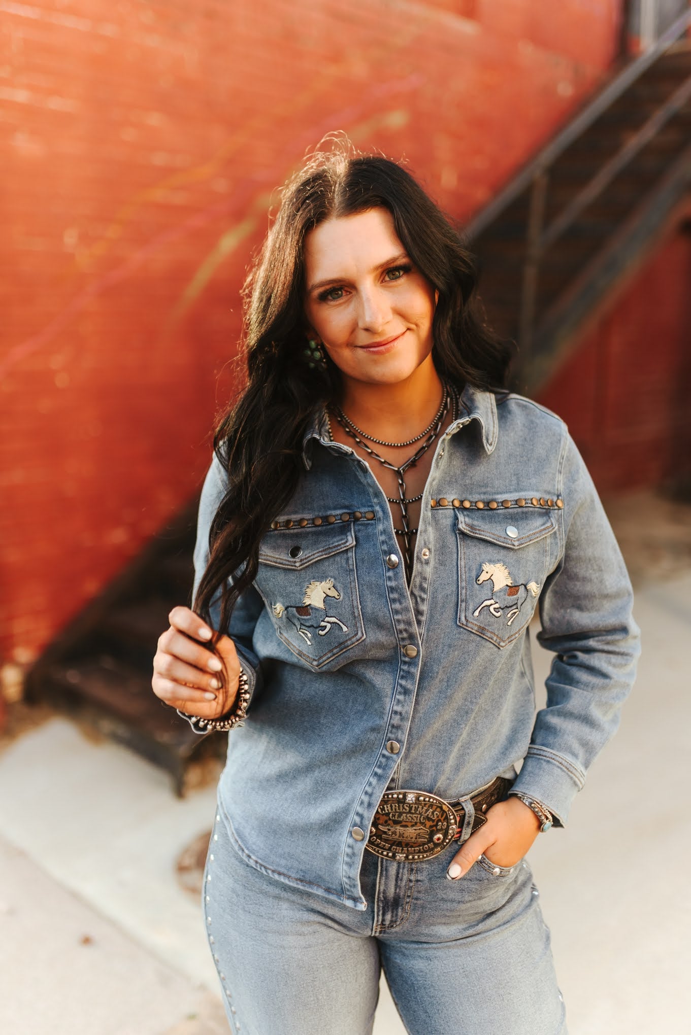 EMBROIDERED HORSE STUDDED WESTERN DENIM SHIRT