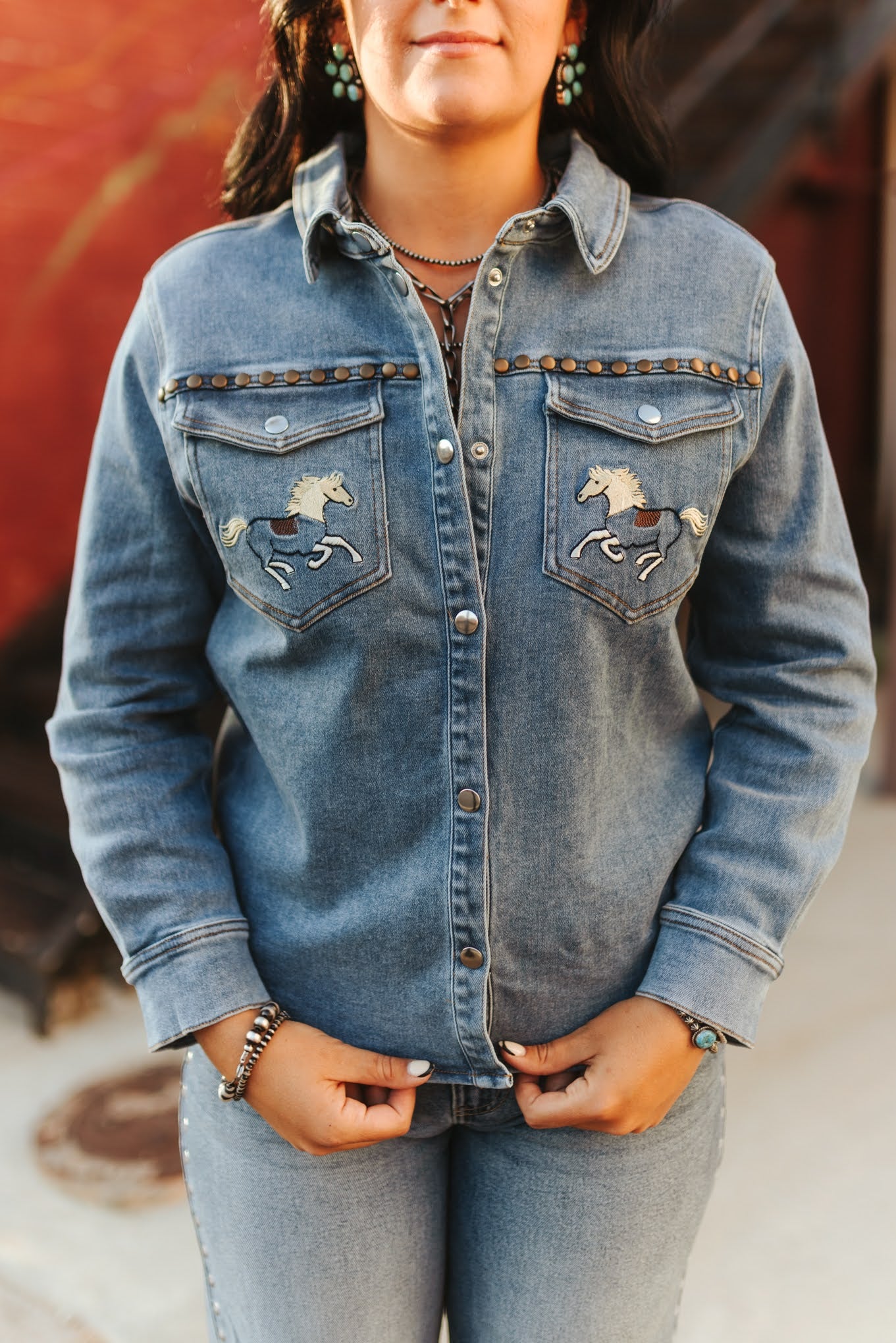 EMBROIDERED HORSE STUDDED WESTERN DENIM SHIRT