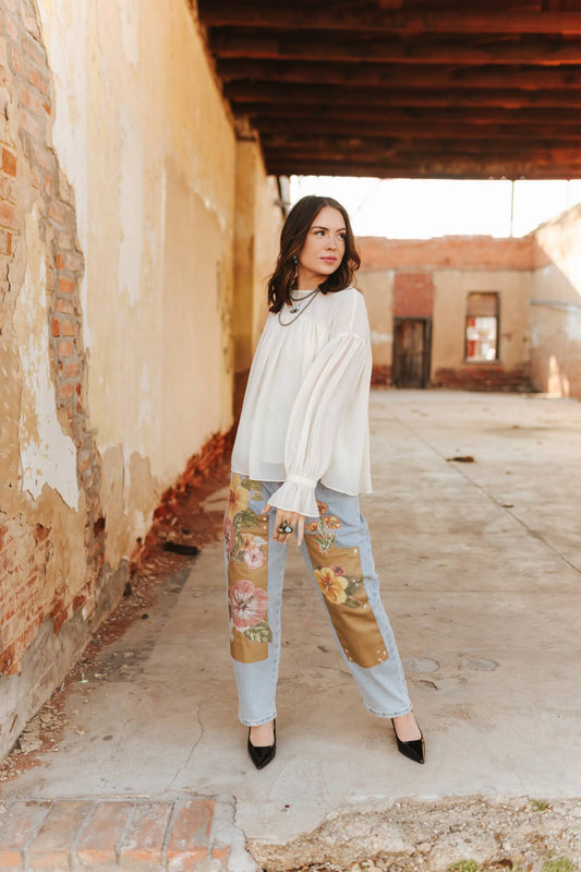 Pleated Ruffle Long Sleeve Chiffon Blouse