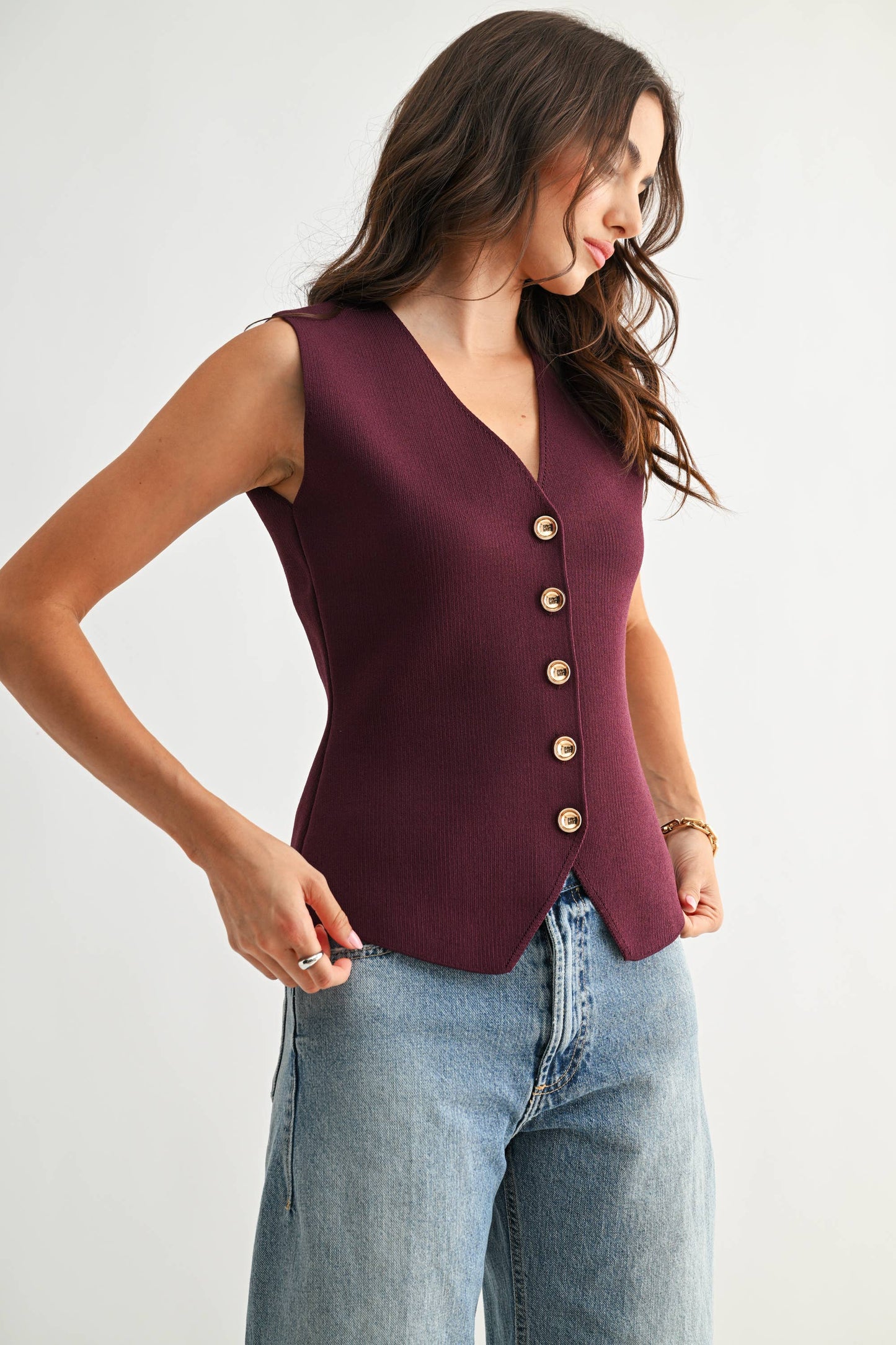 CJW26675 Plum Button-Front Knit Vest