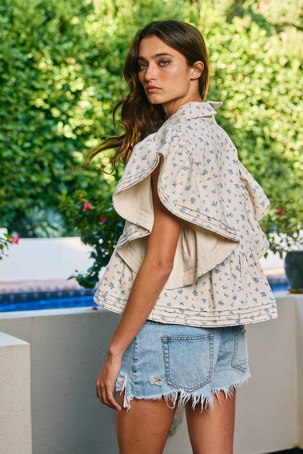 IT2337F Ruffle Sleeves Pintuck Detail Floral Print top