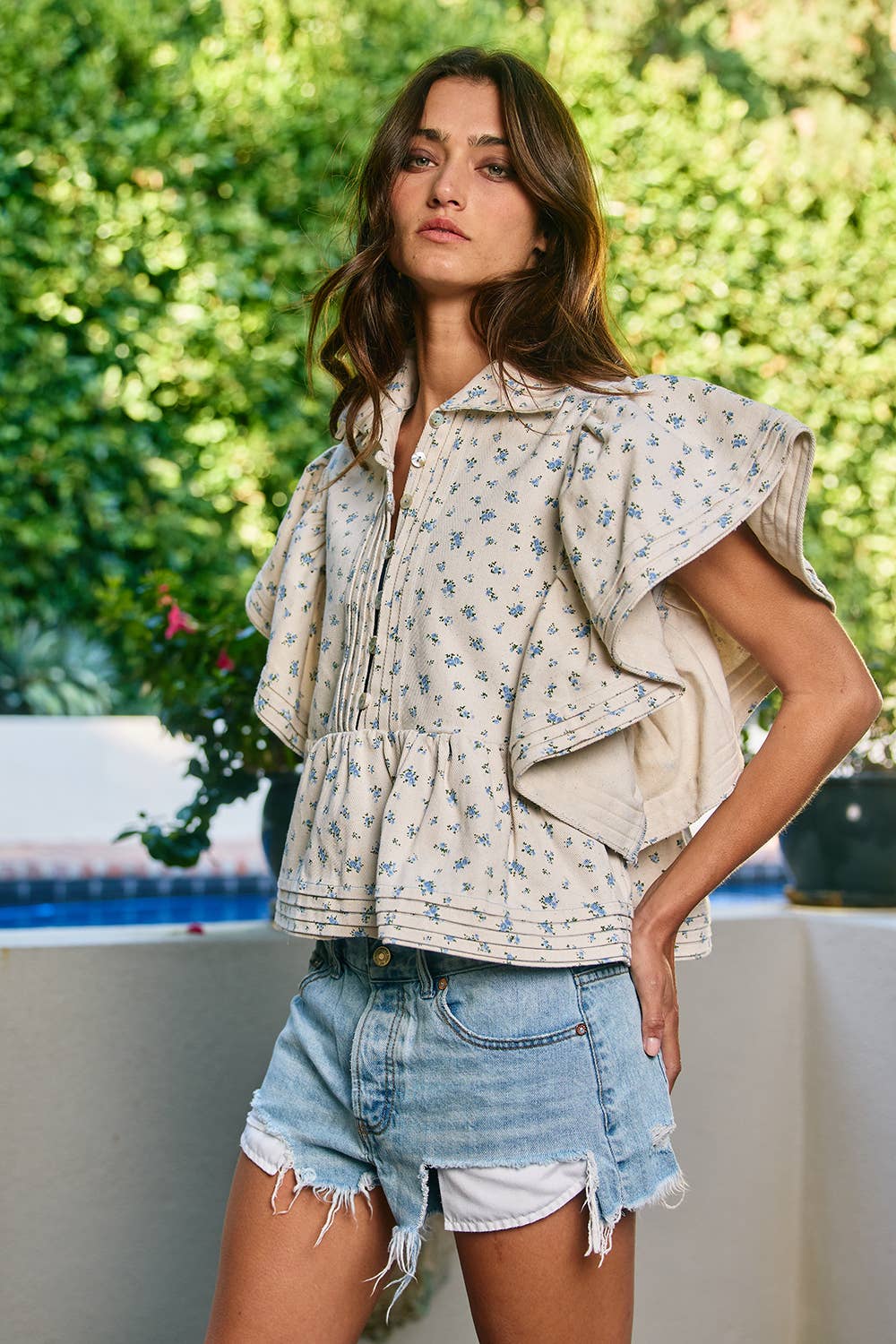 IT2337F Ruffle Sleeves Pintuck Detail Floral Print top