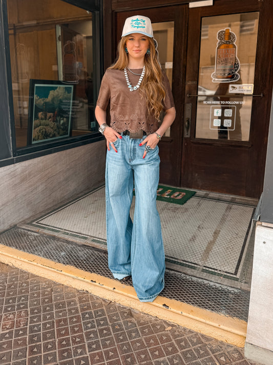 Brown Suede Scalloped Edge Top