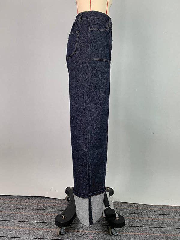 High Waist Straight Contrast Split Jean Pants