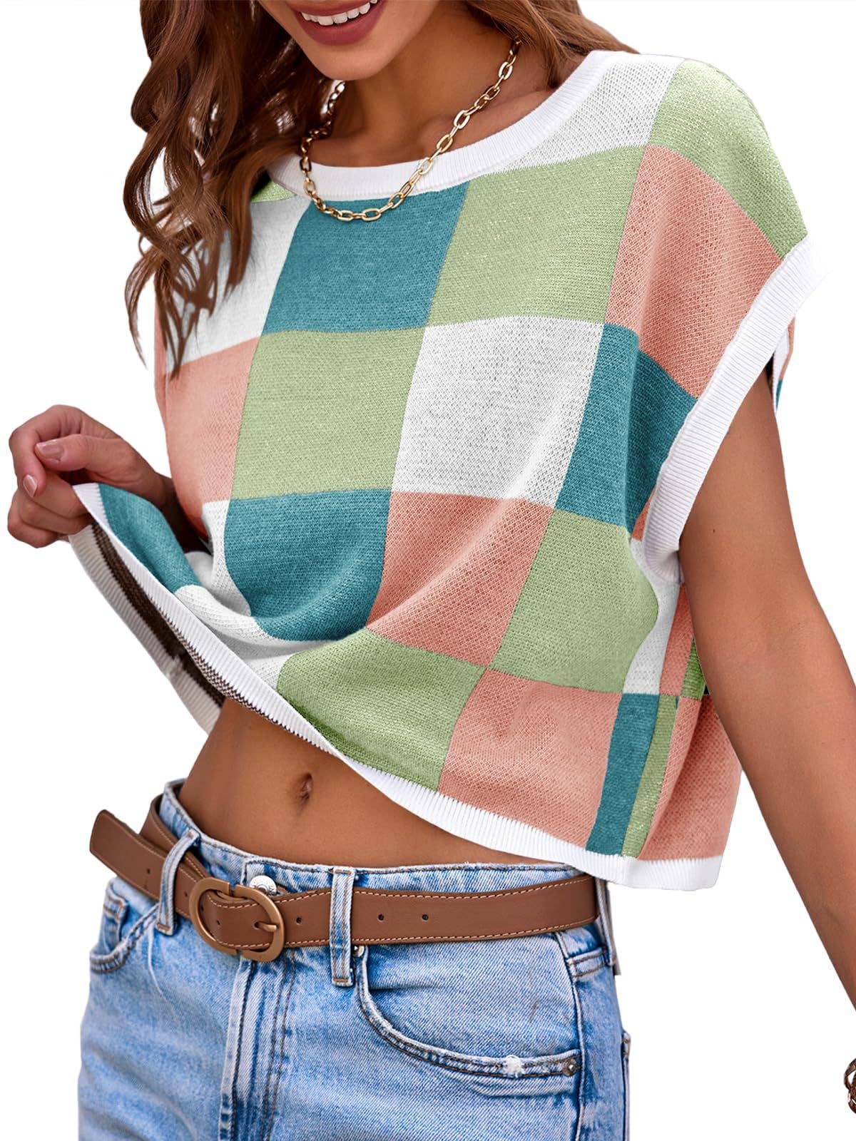 Colorblocked Sweater Vest Crew Neck Knit Trendy Pullover Vest