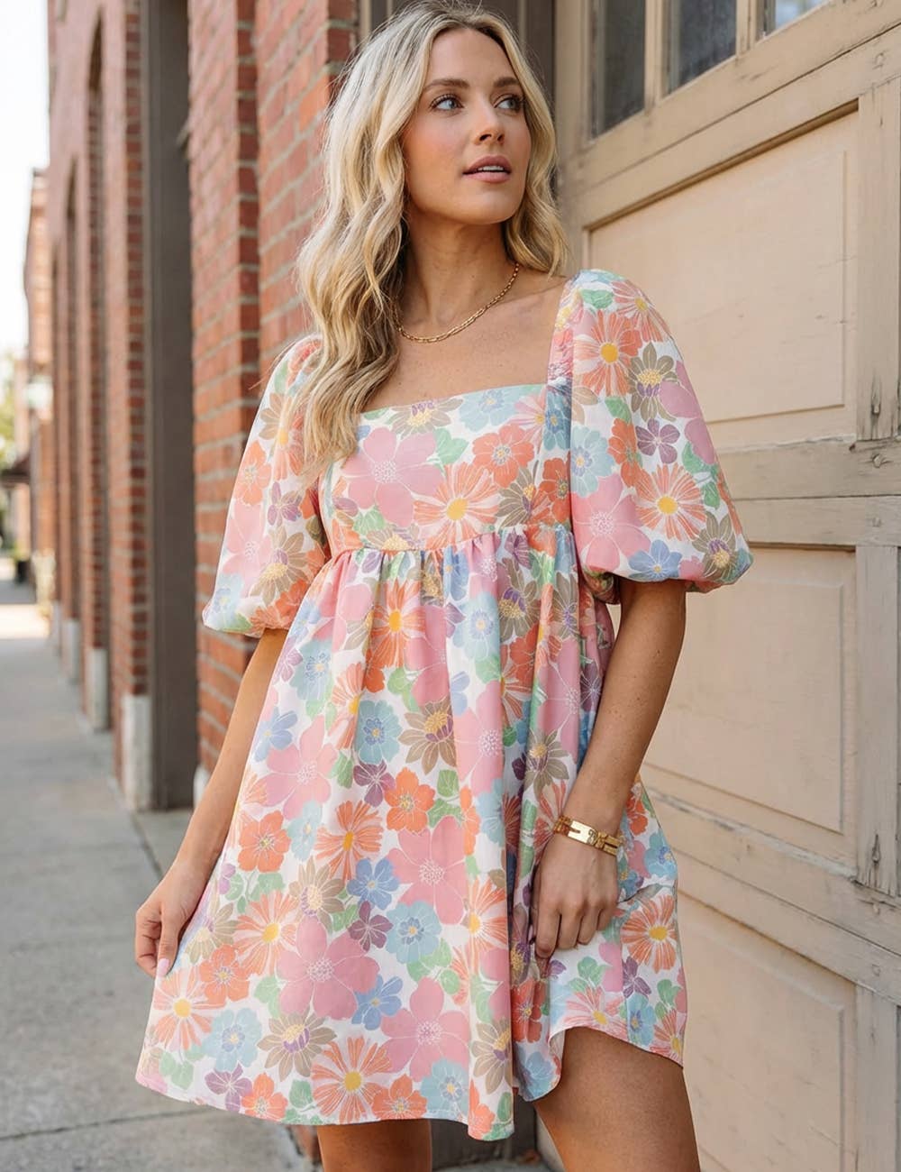 Women's Summer Floral Square Neck Puff Sleeve Babydoll Dress