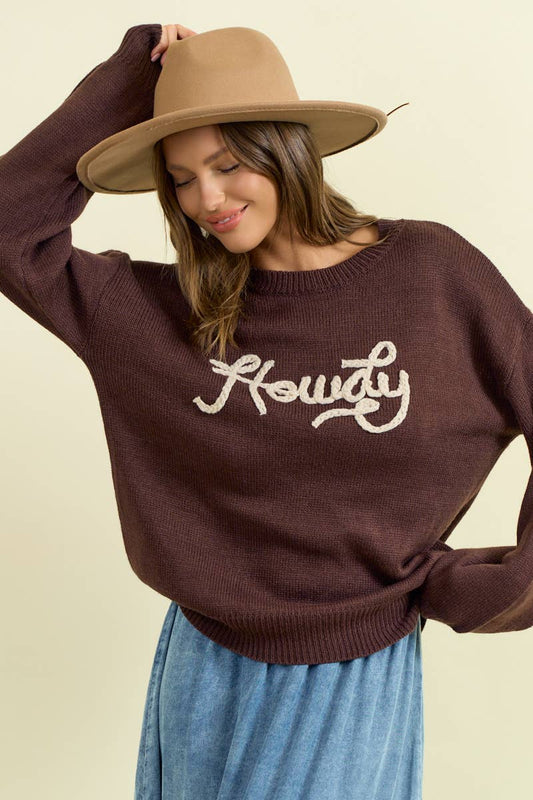 HOWDY' EMBROIDERED ROUND NECK OVERSIZED SWEATER