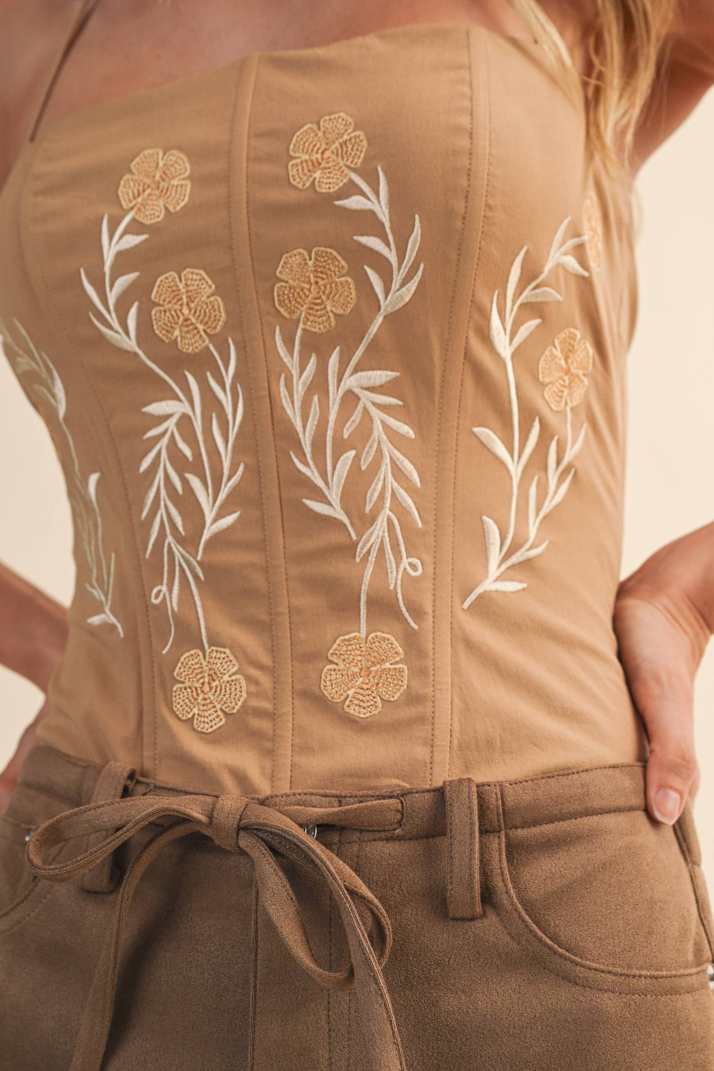 WESTERN FLORAL EMBROIDERED CORSET LACE UP TOP