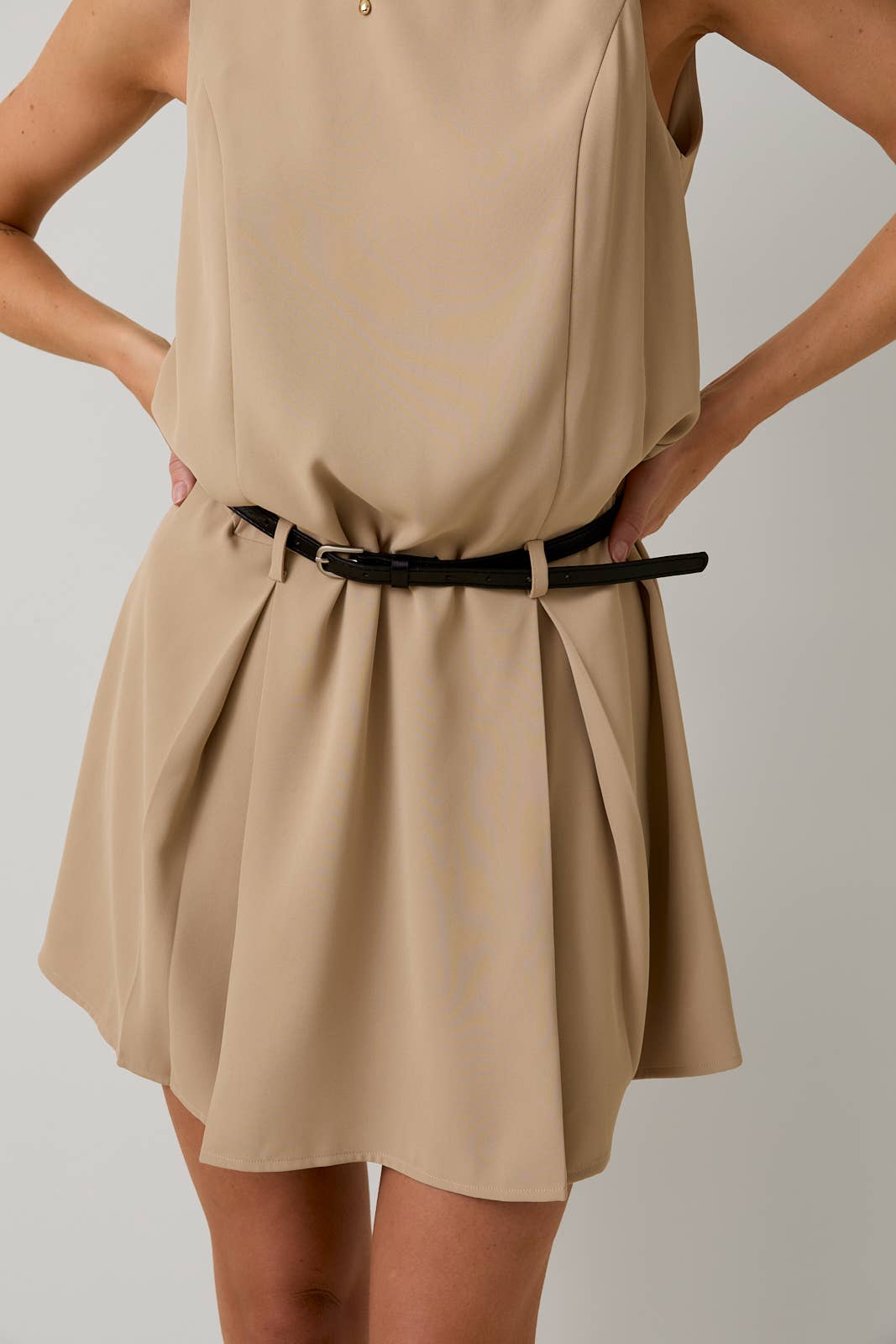 ROUND NECK SLEEVELESS DROP WAIST DRESS WITH BELT