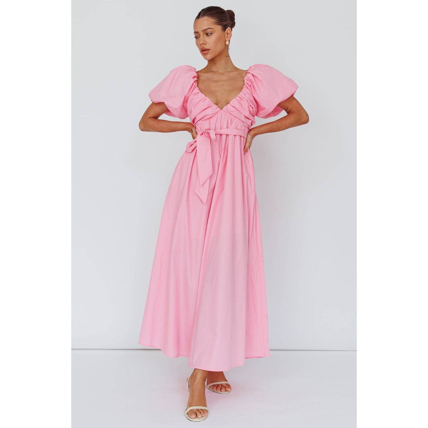 BALLOON SLEEVE V NECKLINE MAXI DRESS / CM6265D